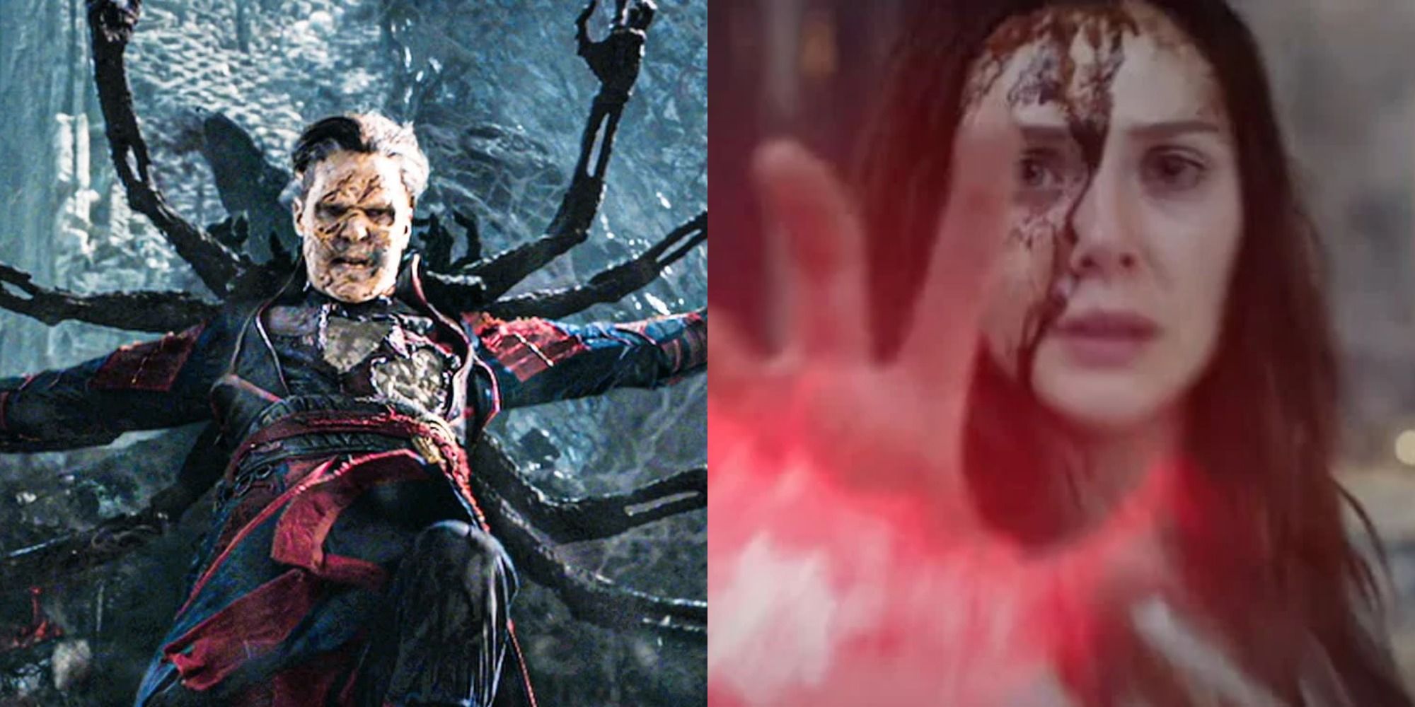 Split image of Undead Strange and Wanda using her power in Doctor Strange in Multiverse of Madness.