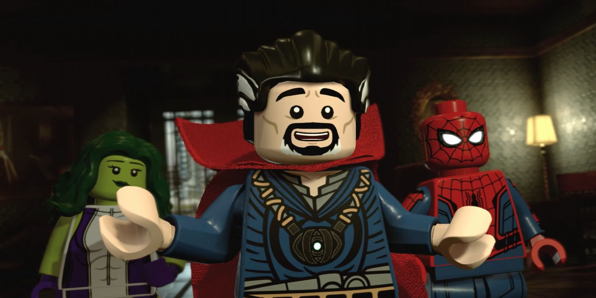 Doctor Strange, She-Hulk, and Spider-Man in the Sanctum Sanctorum in LEGO Marvel Superheroes 2