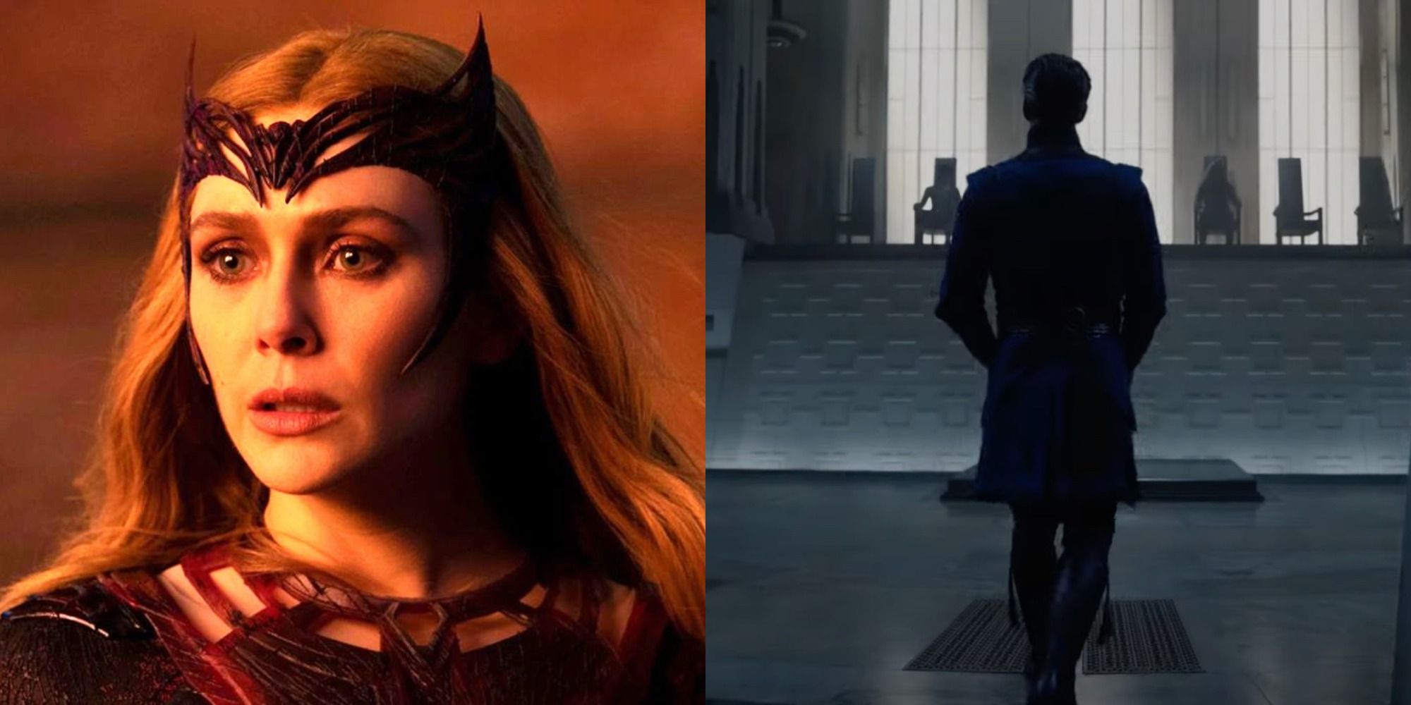 Split image of the Scarlet Witch and Doctor Strange approaching the Illuminati in Multiverse of Madness.