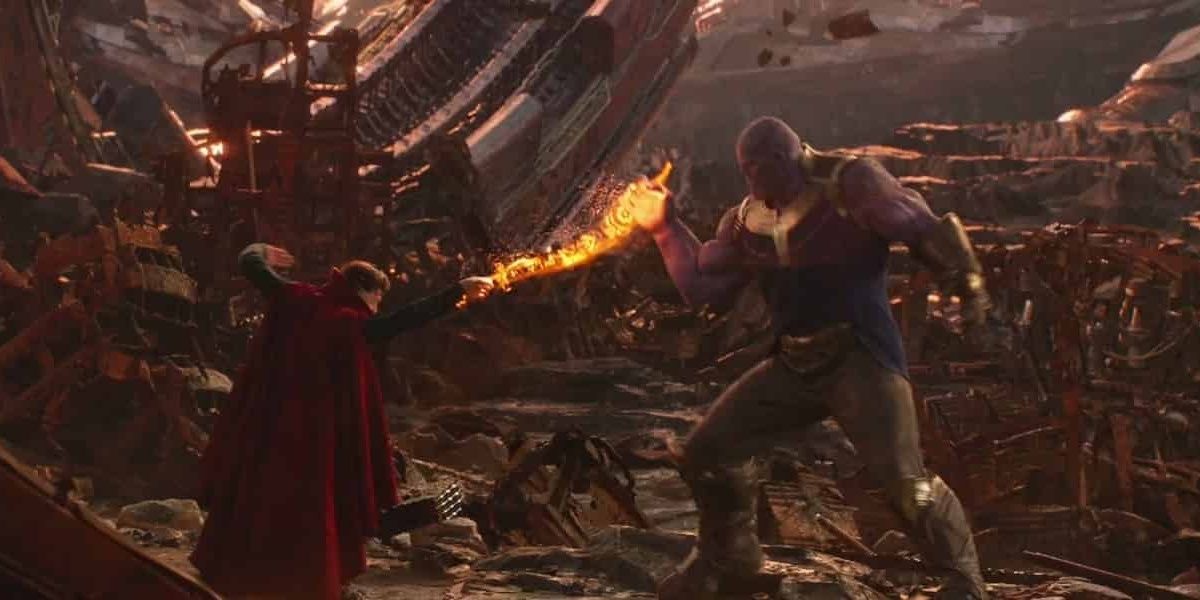 Doctor Strange and Thanos fighting on Titan in Avengers Infinity War Cropped