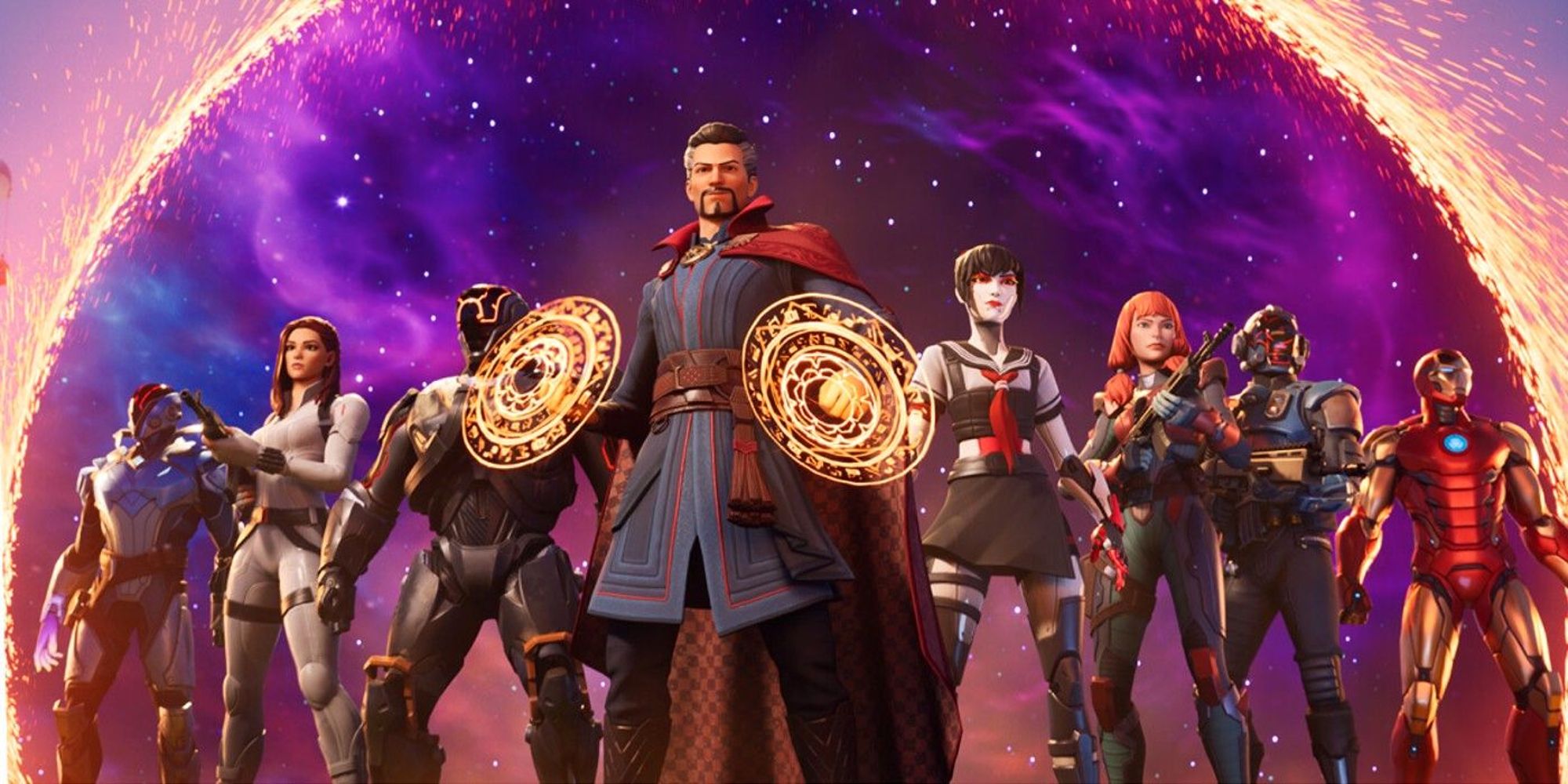 Doctor Strange and forces coming out of a portal in Fortnite