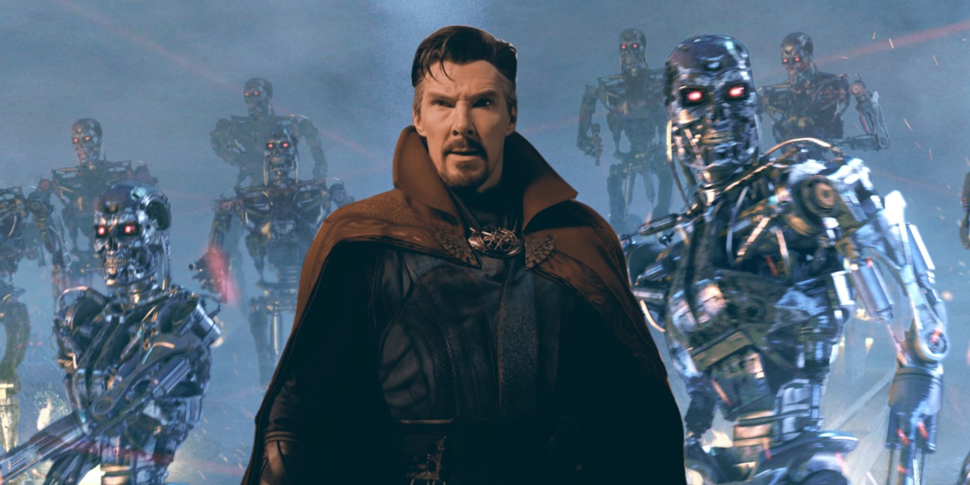 Doctor Strange in front of an army of T-800s