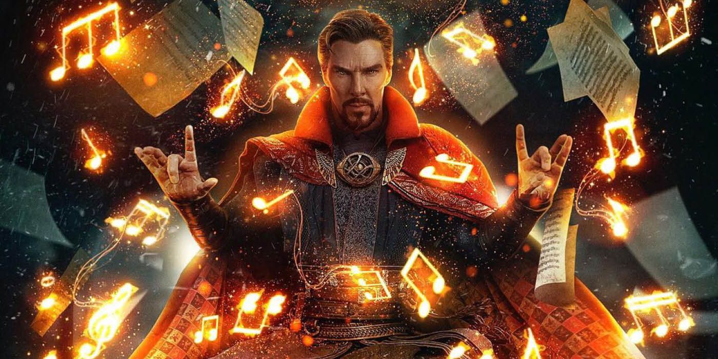 Doctor Strange surrounded by magical musical notes in Multiverse of Madness.