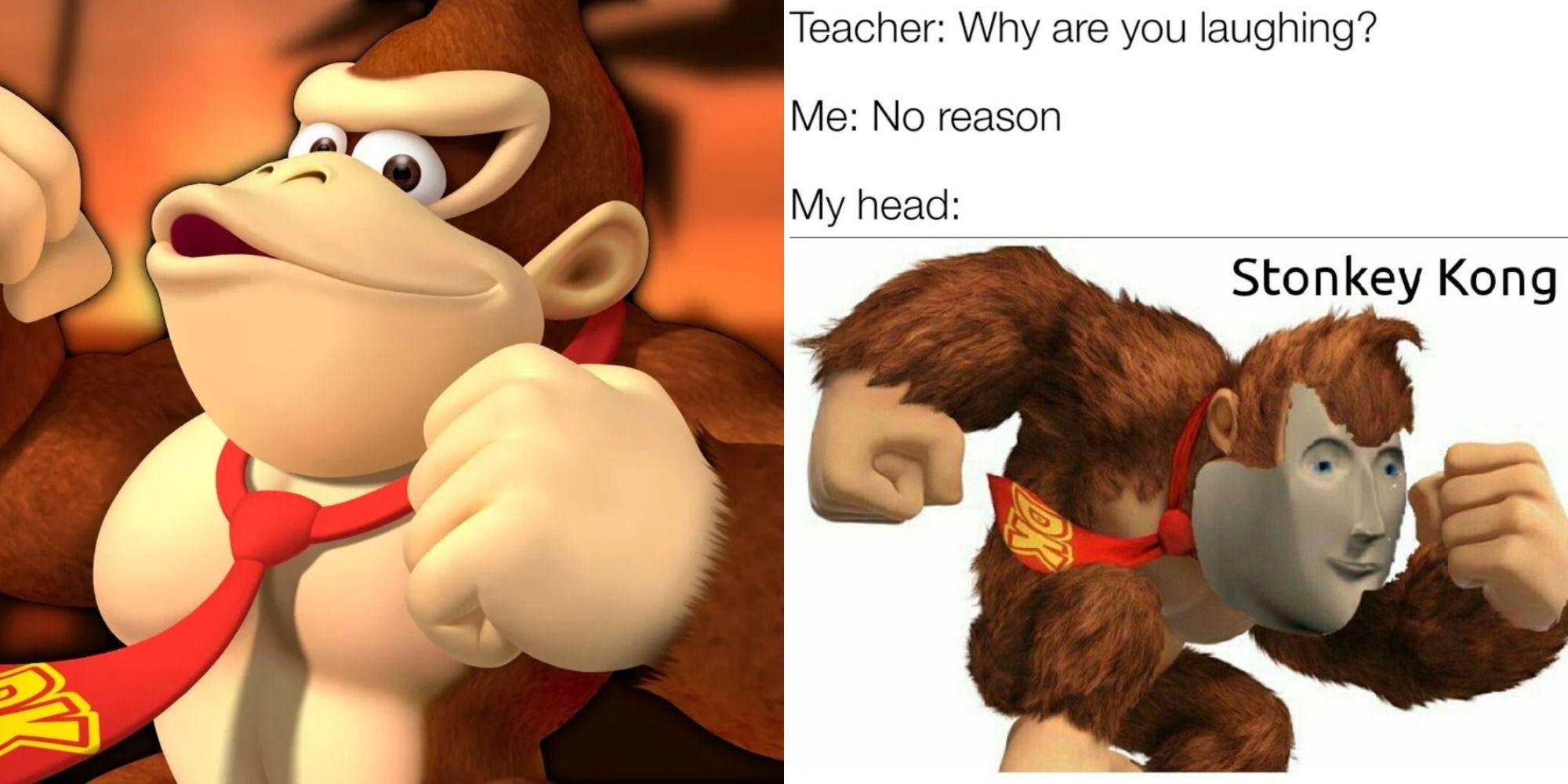 Split image showing Donkey Kong and a meme about him.