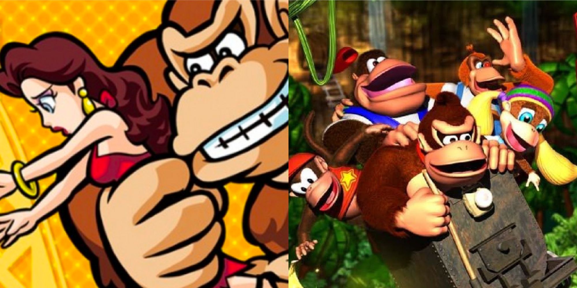 Split image of Donkey Kong holding Pauline and the DK family