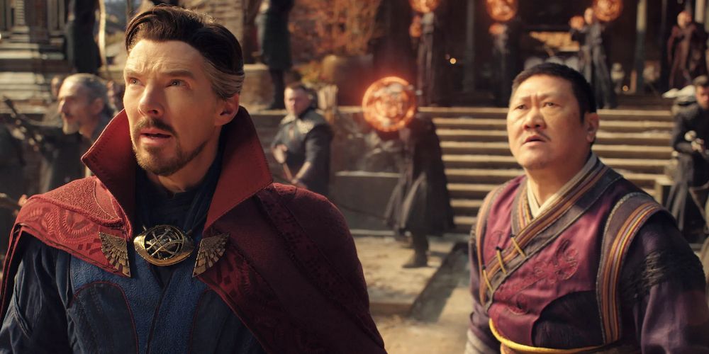 Stephen and Wong look up in terror in Doctor Strange in the Multiverse of Madness