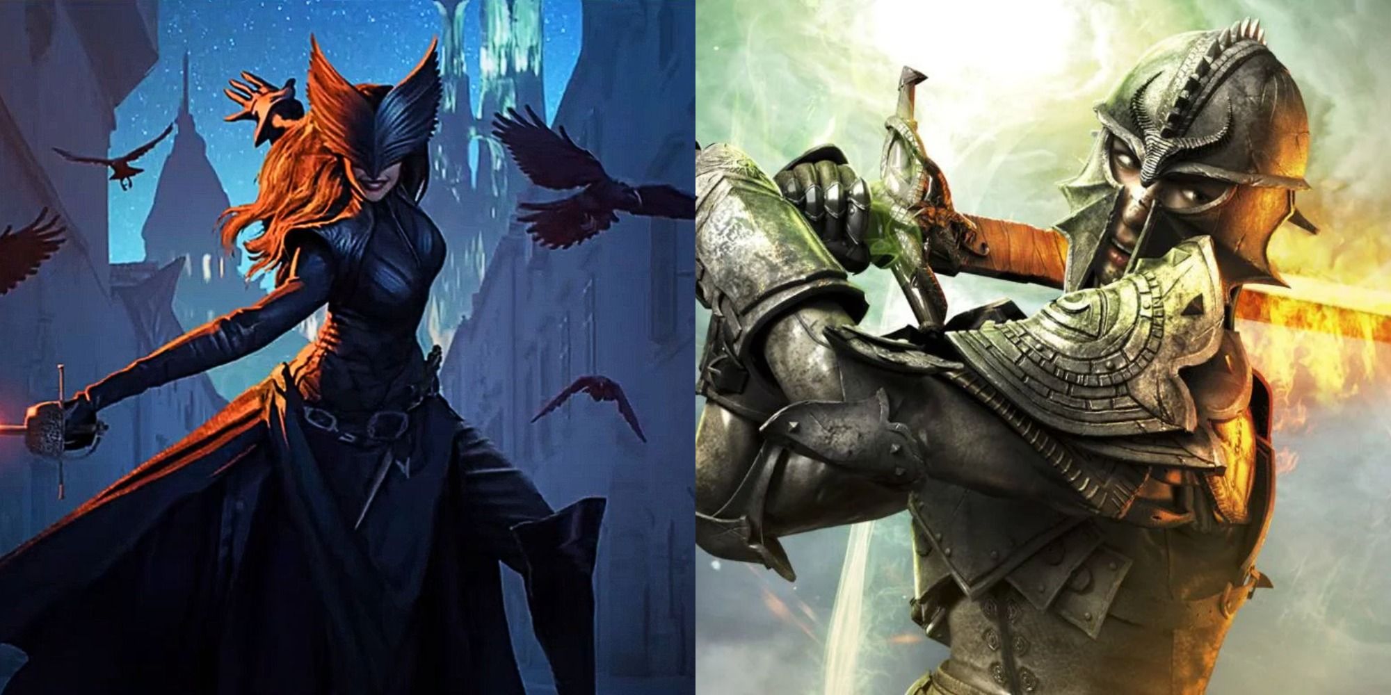Split image showing a masked character in Dragon Age 4 and the Inquisitor in Dragon Age: Inquisition.