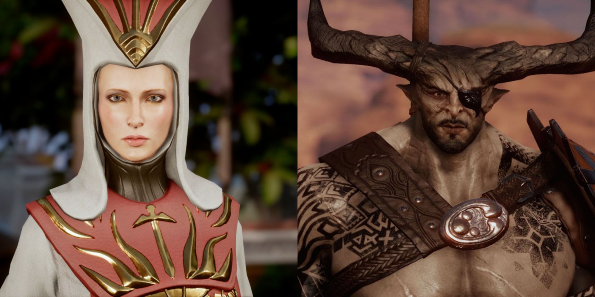 Split image showing Divine Leliana and Iron Bull in Dragon Age: Inquisition.