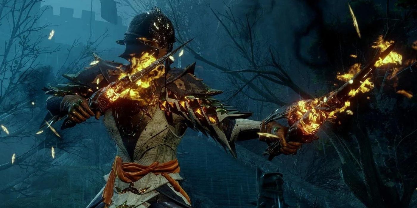 A rogue wielding two firey blades in Dragon Age: Inquisition.