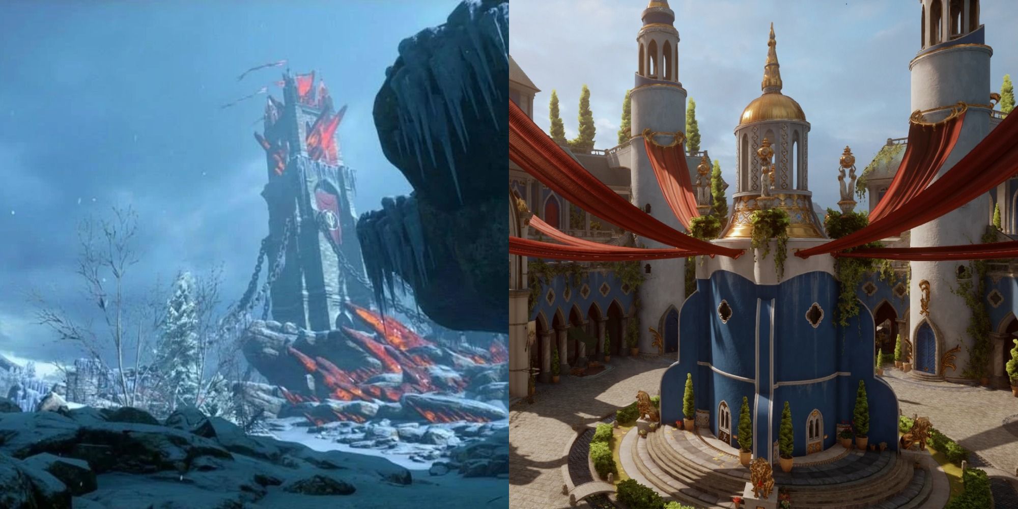 Split image showing Emprise du Lion and Val Royeaux in Dragon Age Inquisition.