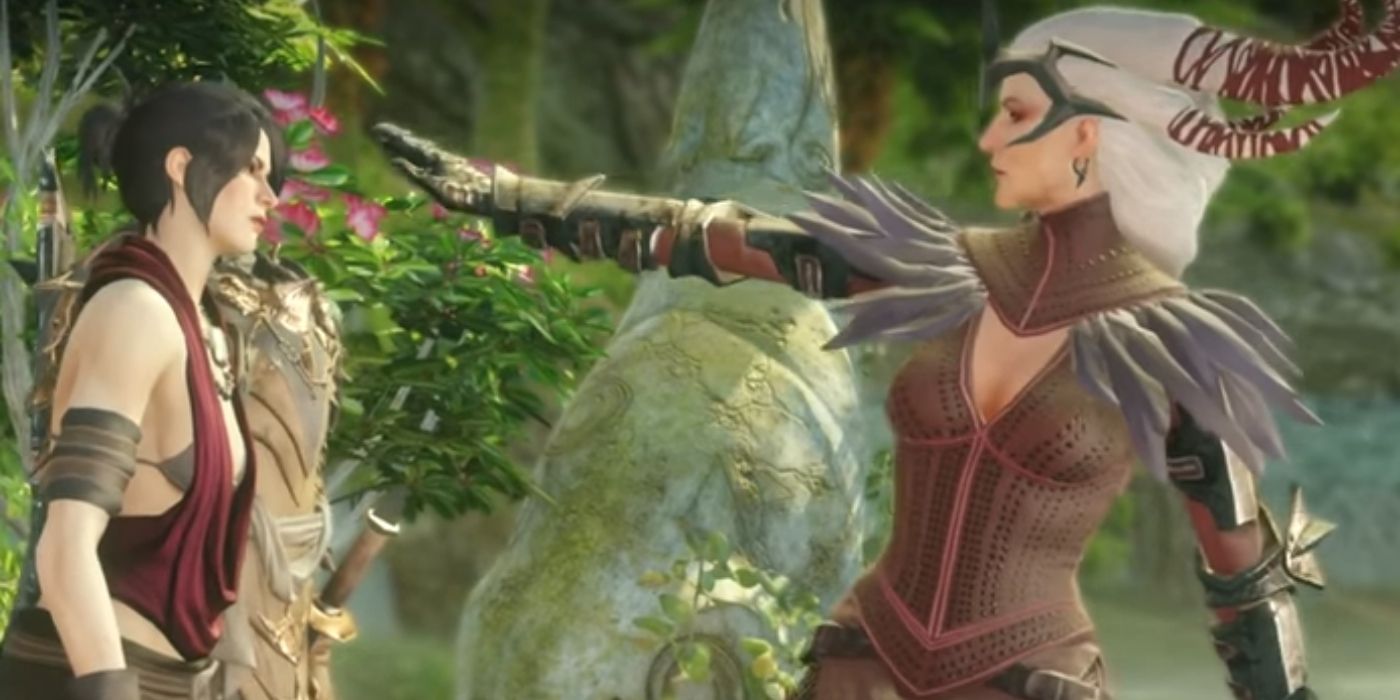 Flemeth casting a spell on Morrigan in Dragon Age: Inquisition.