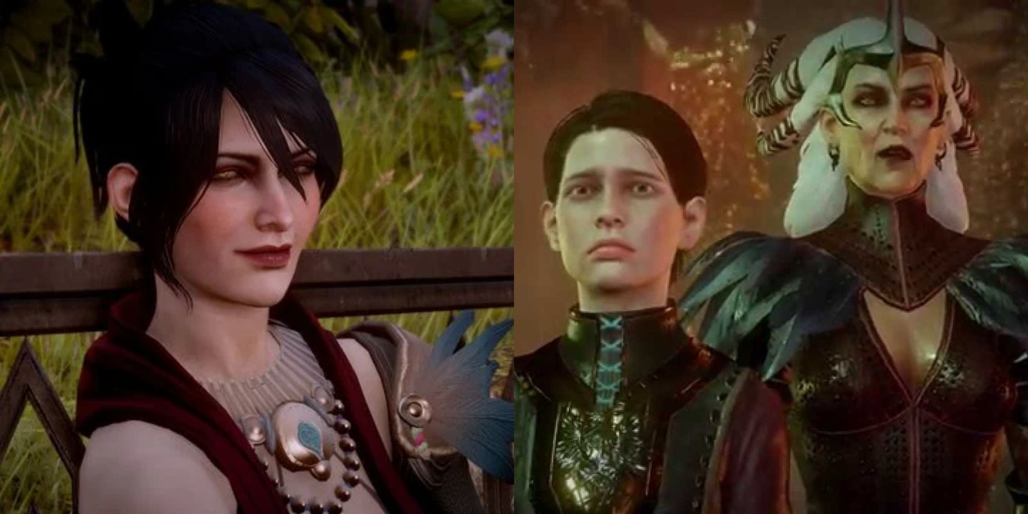 Split image showing Morrigan and Kieran with Flemeth in Dragon Age: Inquisition.