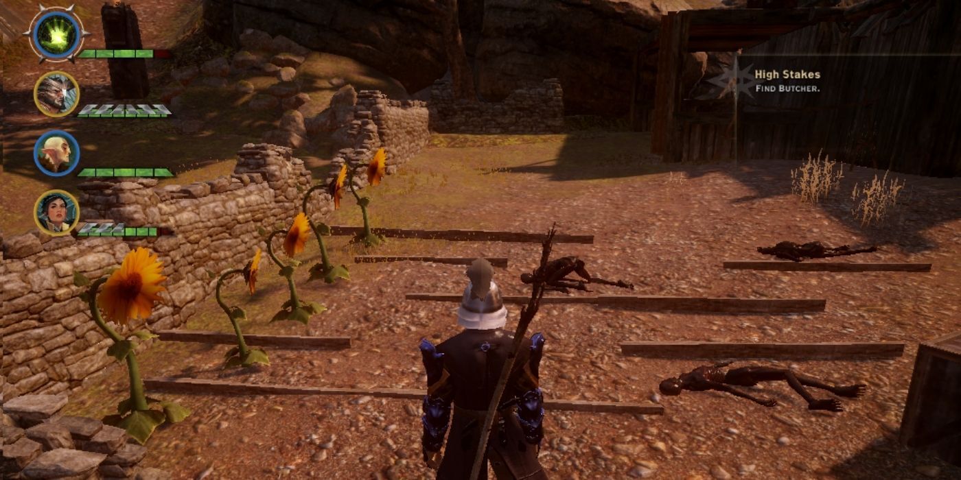 A line of sunflowers and corpses in Dragon Age: Inquisition.