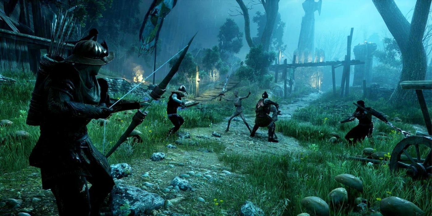 Soldiers fighting unded at the Fallow Mire in Dragon Age Inquisition.
