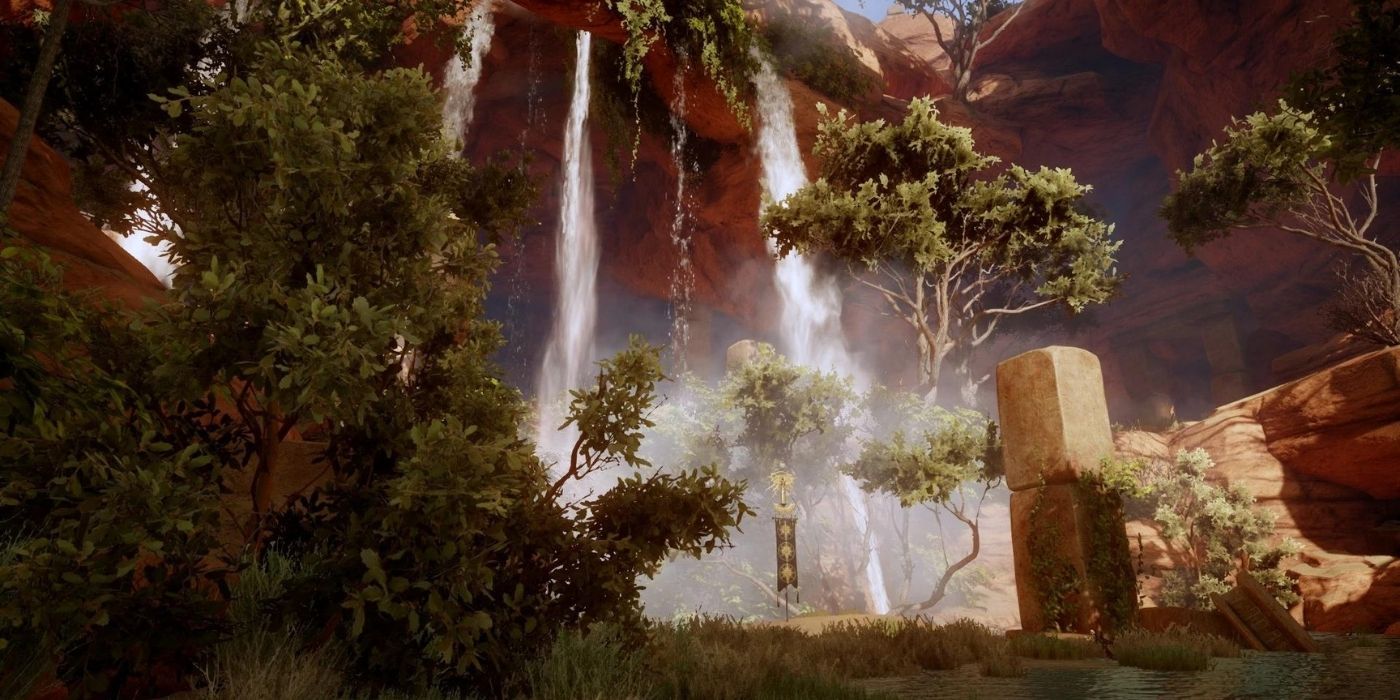 A waterfall in Dragon Age Inquisition.