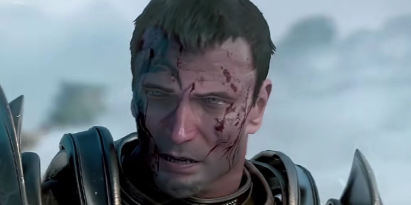 Male Warden looking bloodied in Dragon Age: Origins.