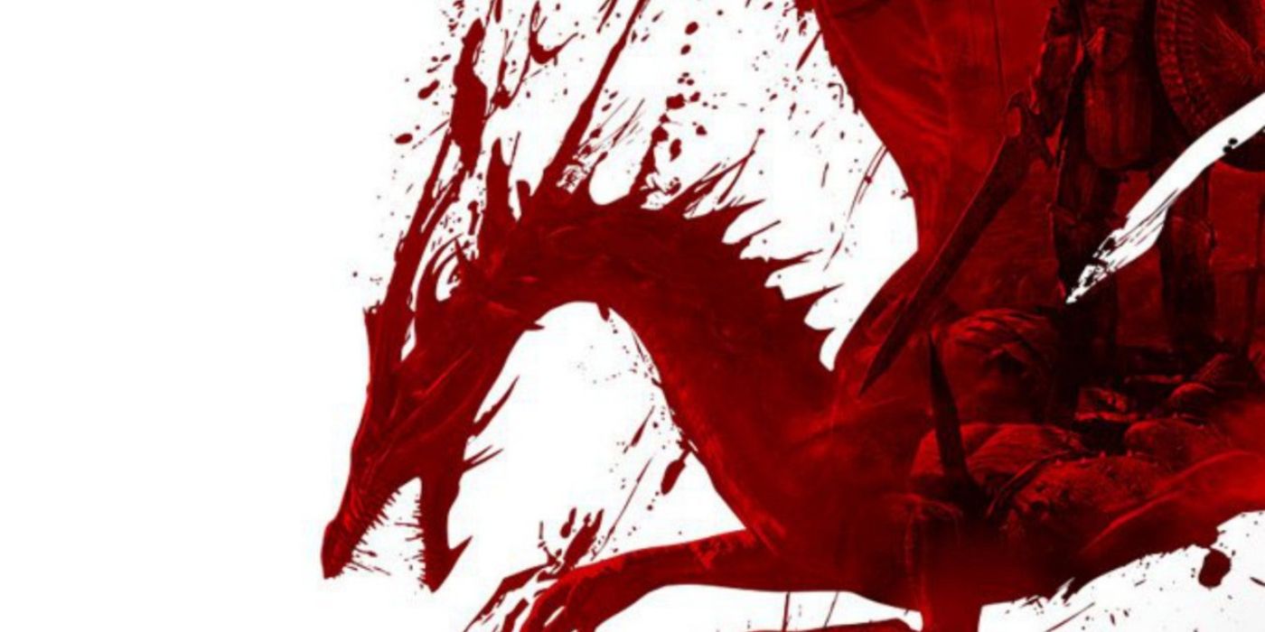 A silhueta sangrenta de um dragão na arte promocional de Dragon Age: Origins.