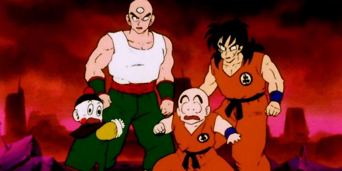 Chiaotzu, Tien, Krillin, and Yamcha looking shocked in Dragon Ball.