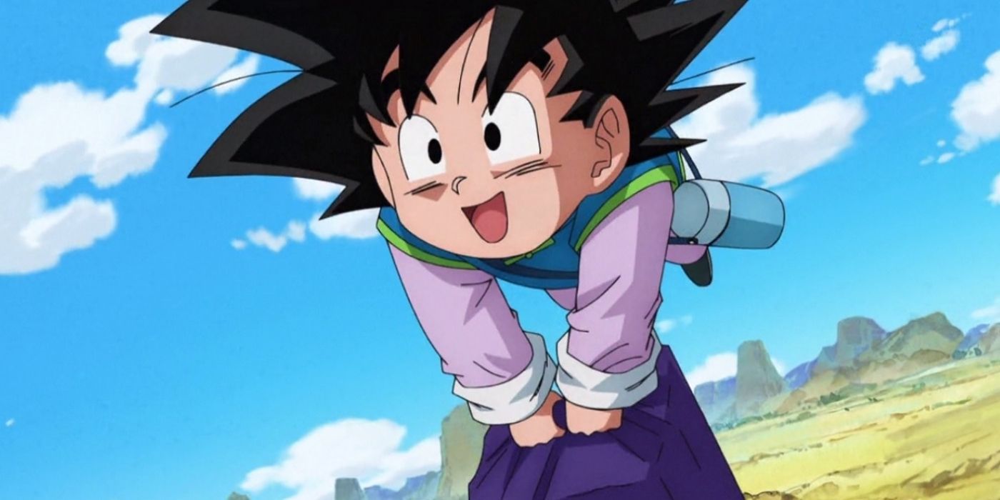 Goten jumping happily in Dragon Ball Super.