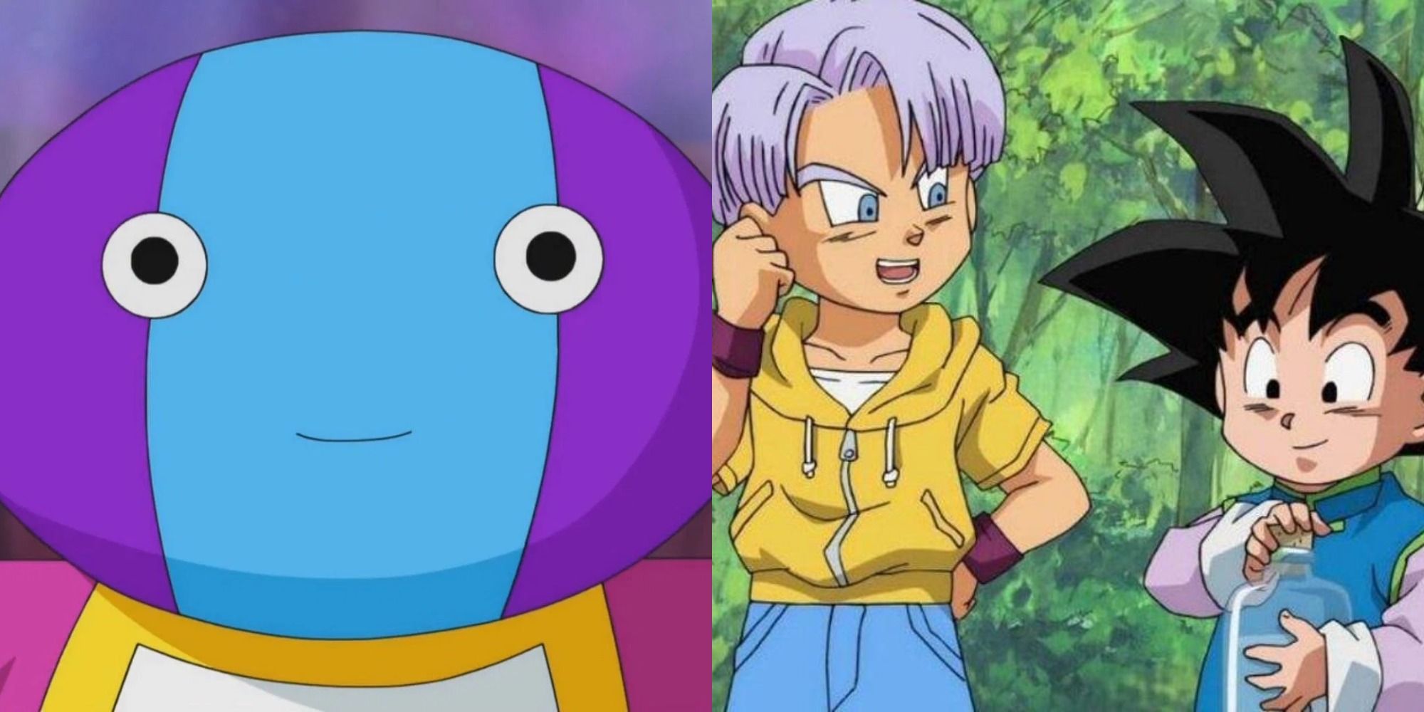 Split image showing Omni King and Goten and Trunks in Dragon Ball Super.