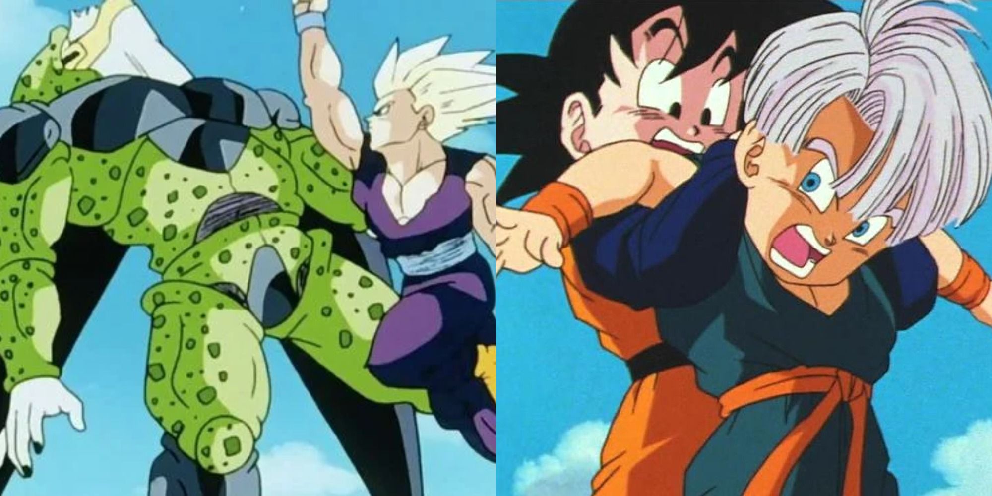Gohan fighting Cell and Goten fighting Trunks in Dragon Ball Z.