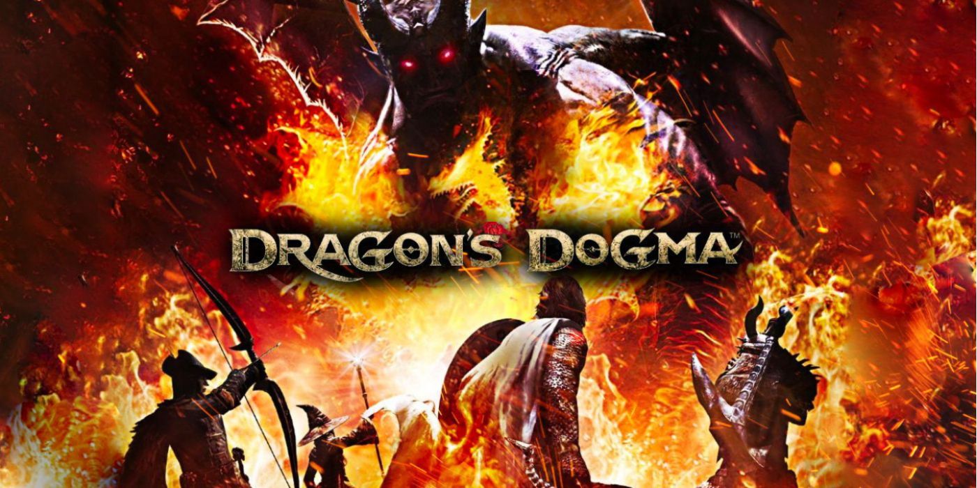 Dragon's Dogma cover art featuring the Arisen and their Pawns against a demonic beast.
