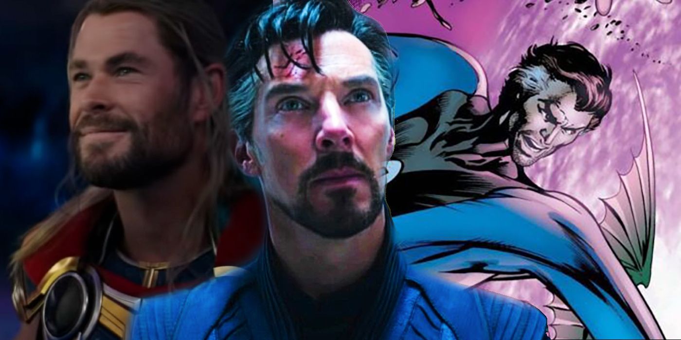 Doctor Strange looking up at Illuminati chamber; Thor smiling from love and thunder trailer, Mister Fantastic comic books
