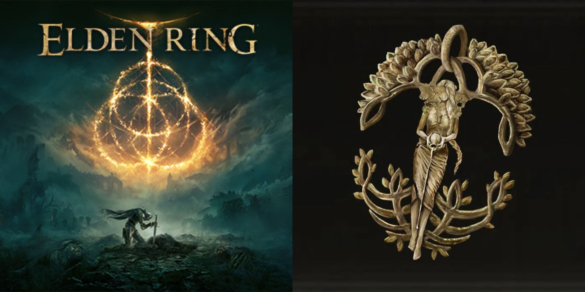 Split image showing the cover to Elden Ring and the Elden Ring Erdtree's Favor +2 talisman.