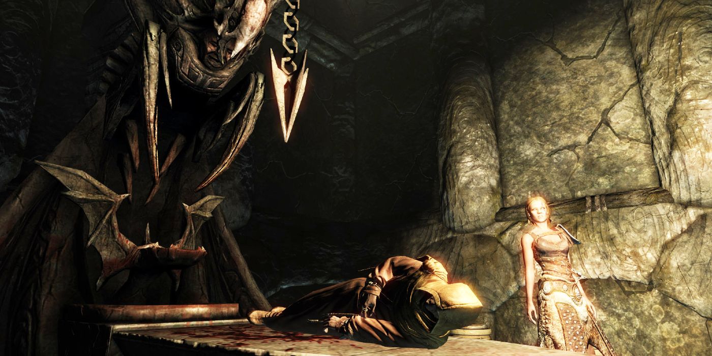 A body lying on a stone table in Skyrim, which the player is prompted to cannibalize.