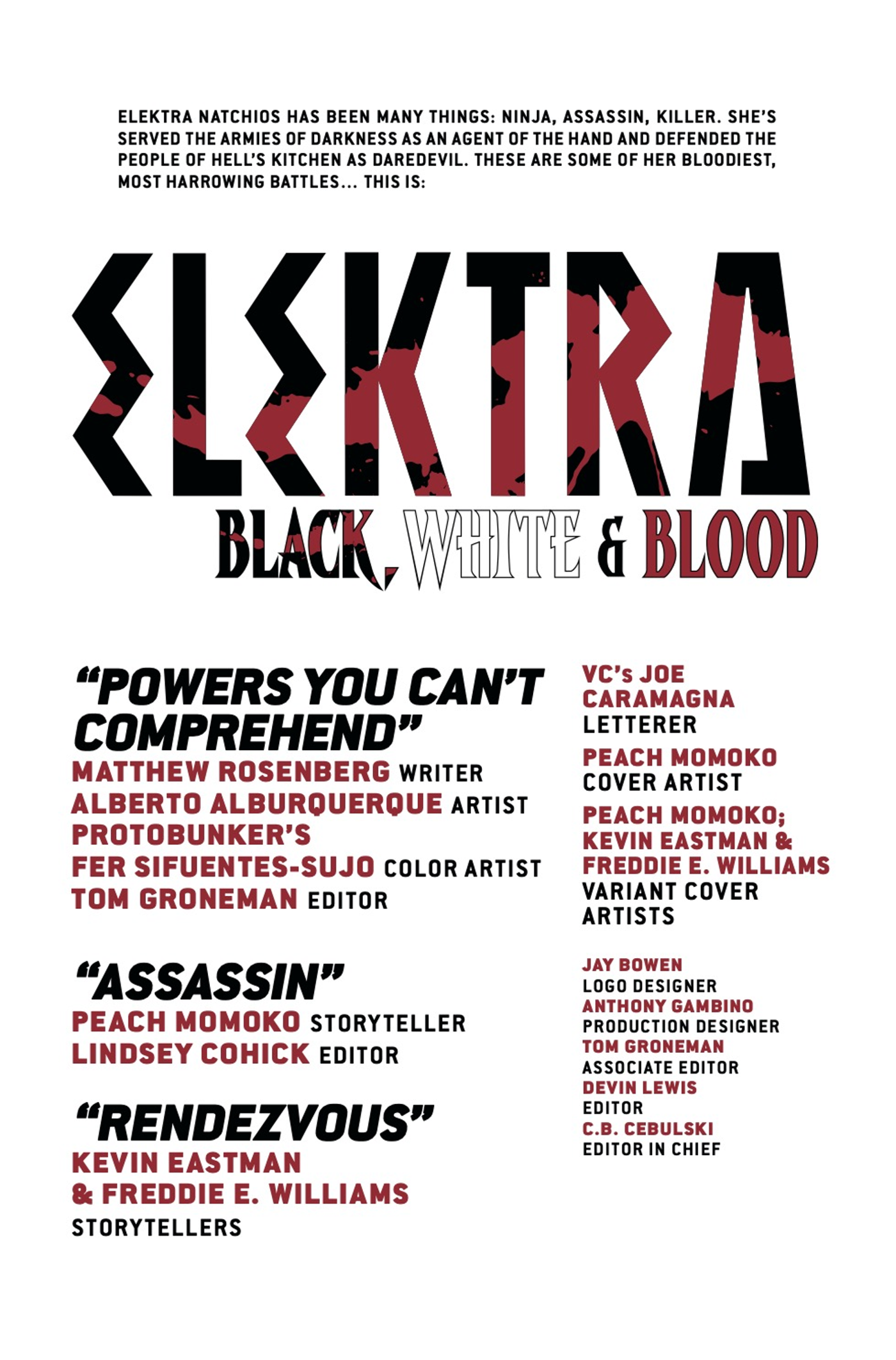 Elektra black white blood #4 credits comic