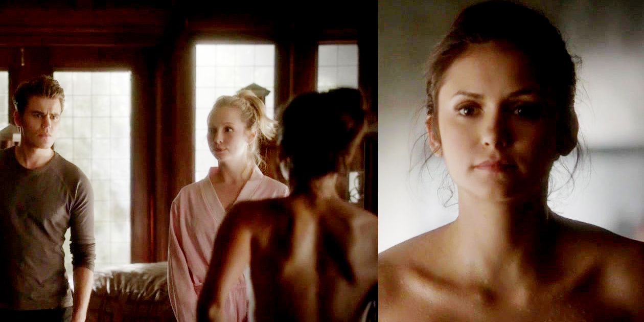 Split image of Stefan and Caroline talking to Elena and Elena on the right. She does not appear to be wearing any clothes.