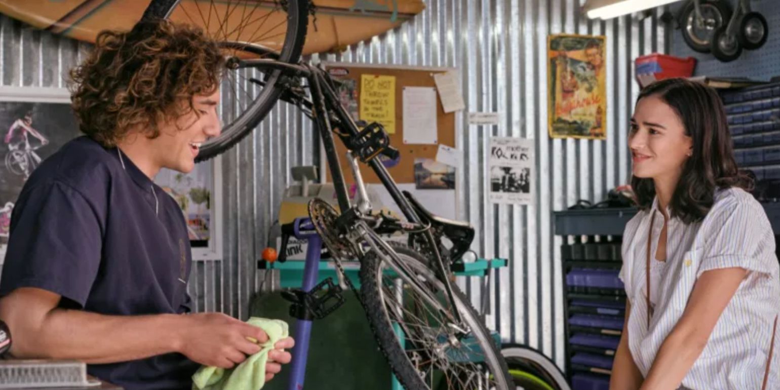 Eli and Auden talk at the bike shop that becomes Abe’s Bikes in Along for the Ride