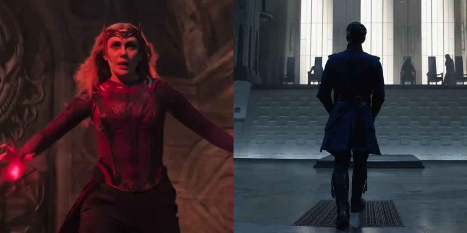 Elizabeth Olsen and Benedict Cumberbatch as Wanda Maximoff and Stephen Strange in Doctor Strange in the Multiverse of Madness Split Image
