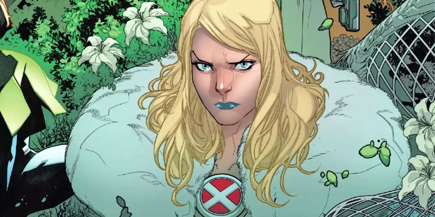 Emma Frost with an angry expression.