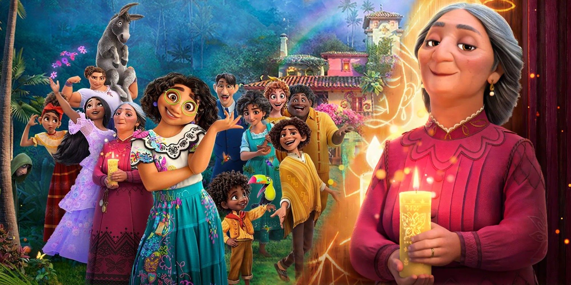 A blended image feautures Abuela Alma with her magic candle next to the entire Madrigal family in front of Casita in Disney's Encanto