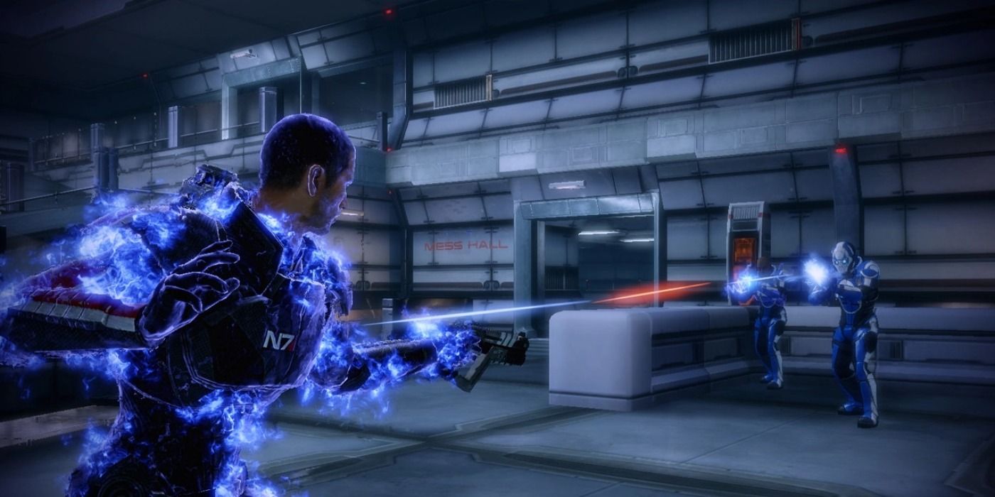 Commander Shepard taking enemy fire.
