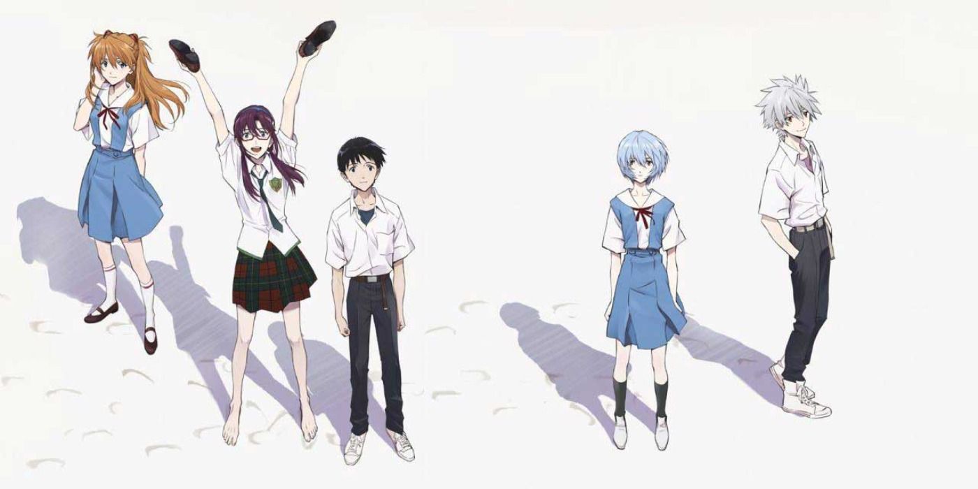 The main cast of Evangelion: 3.0+1.0 on the beach in key art.