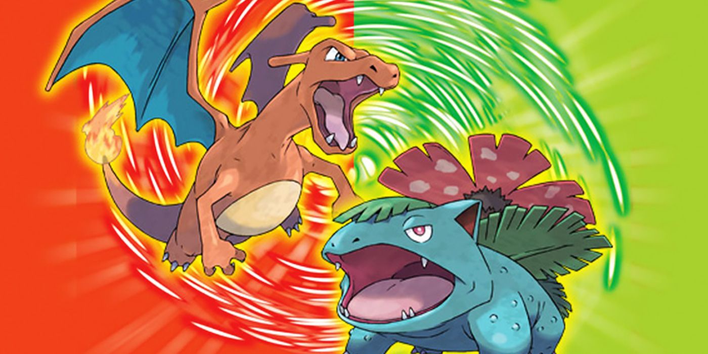 Pokemon FireRed Charizard on a red background on the left and LeafGreen Venusaur on a green background on the right.