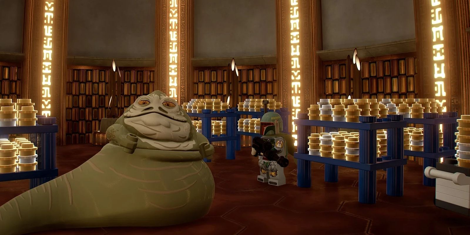 Jabba the Hutt and Boba Fett surrounded by gold bricks in LEGO Star Wars