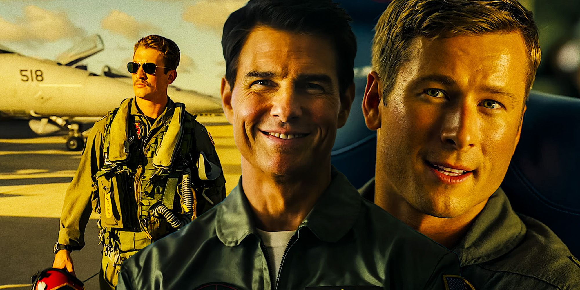Tom Cruise smiles in an image from Top Gun Maverick imposed over images of Miles Teller and Glen Powell