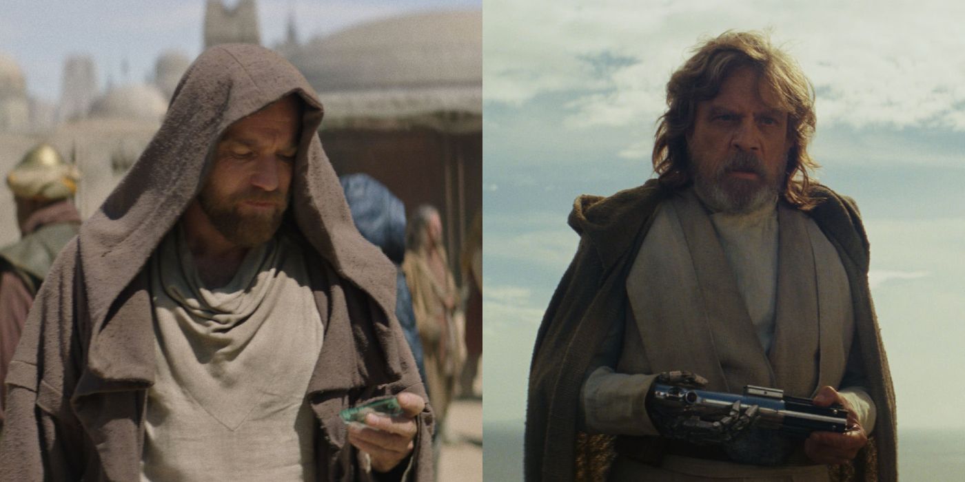 Ewan McGregor as Obi-Wan in Obi-Wan Kenobi and Mark Hamill as Luke Skywalker in The Last Jedi