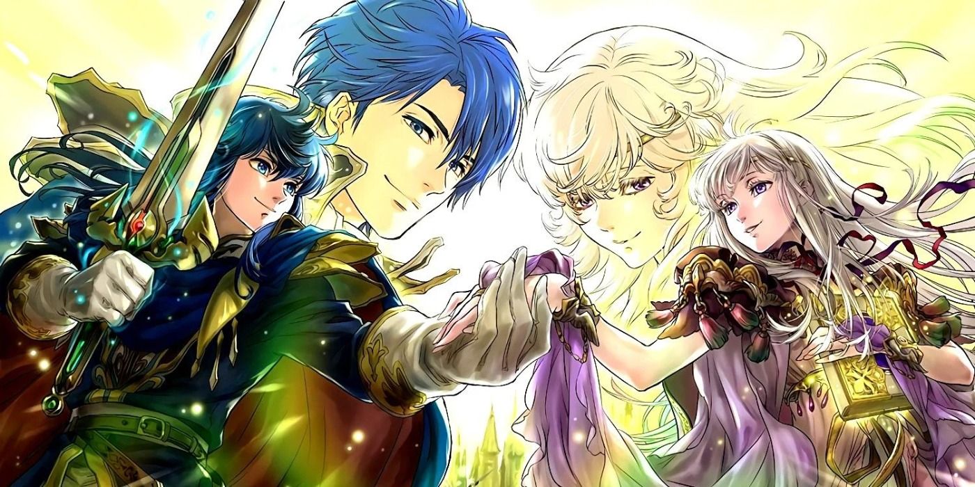 Protagonists of Fire Emblem: Genealogy of the Holy War joining hands.