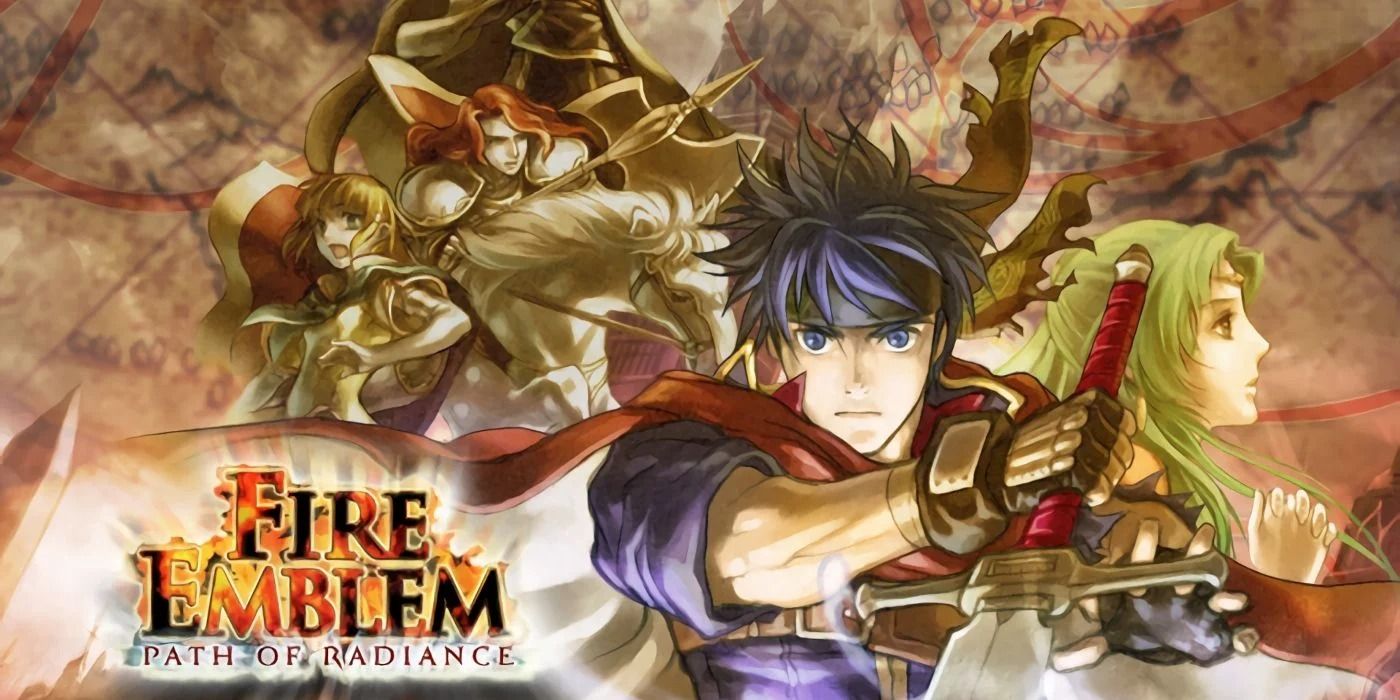 Fire Emblem: Path of Radiance key art featuring Ike wielding his sword and the supporting cast behind him.