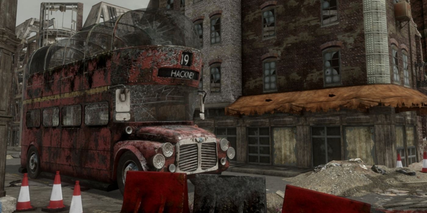 An abandoned bus in Fallout: London.