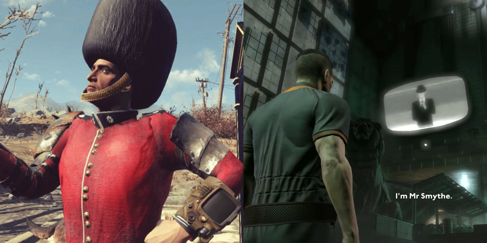 Split image showing a soldier and a scree with Mr. Smythe in Fallout London.