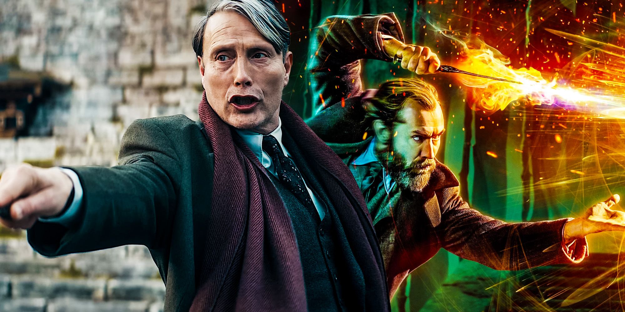 Una imagen combinada muestra a Grindewald y Dumbledore en las películas Fantastic Beasts.