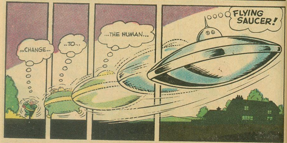 Weird superhero Fatman, the Human Flying Saucer, turning into a flying saucer