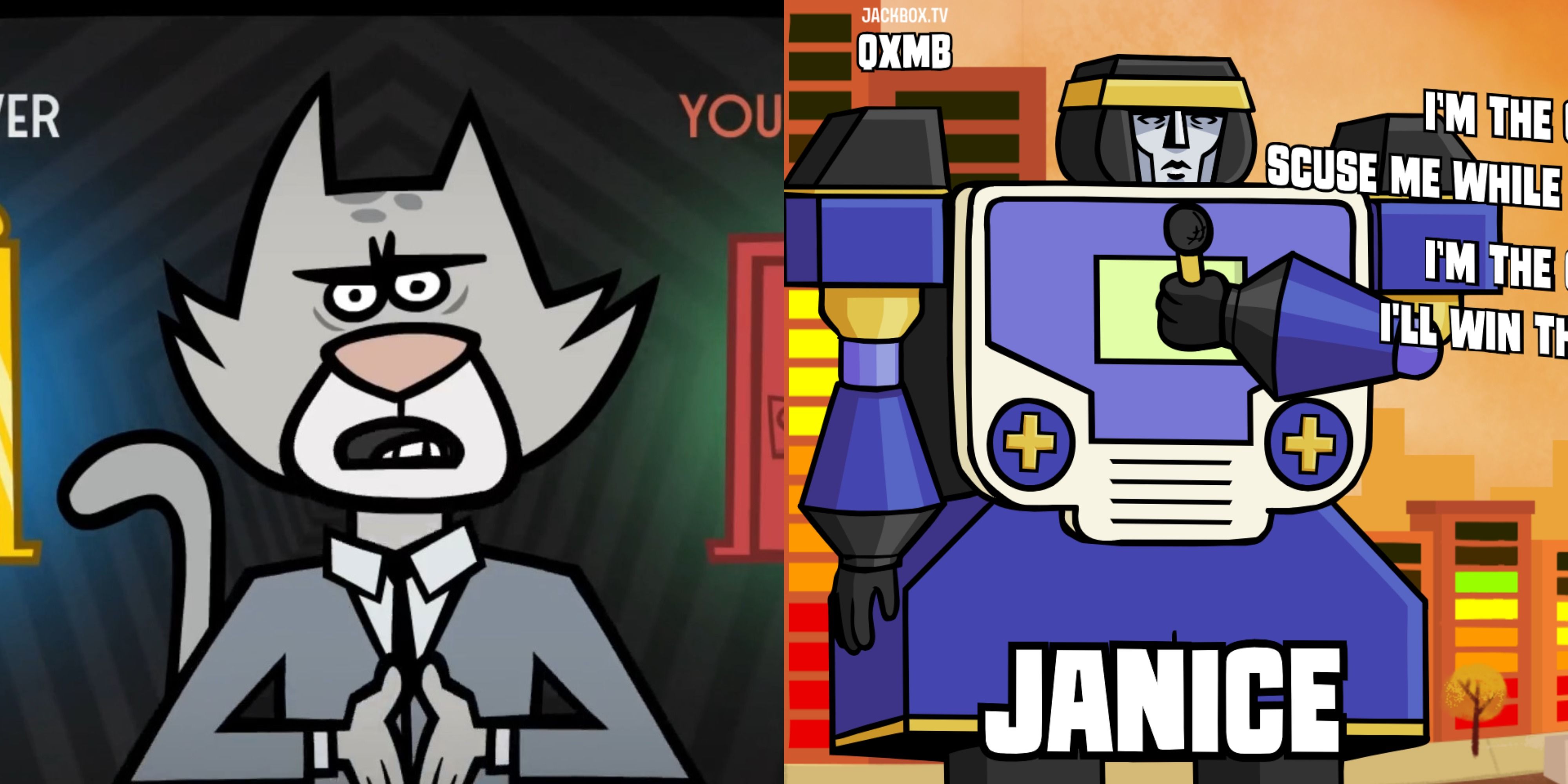 Featured image the cat presenter from Split The Room and a Mad Verse City Robot from Jackbox Party Pack