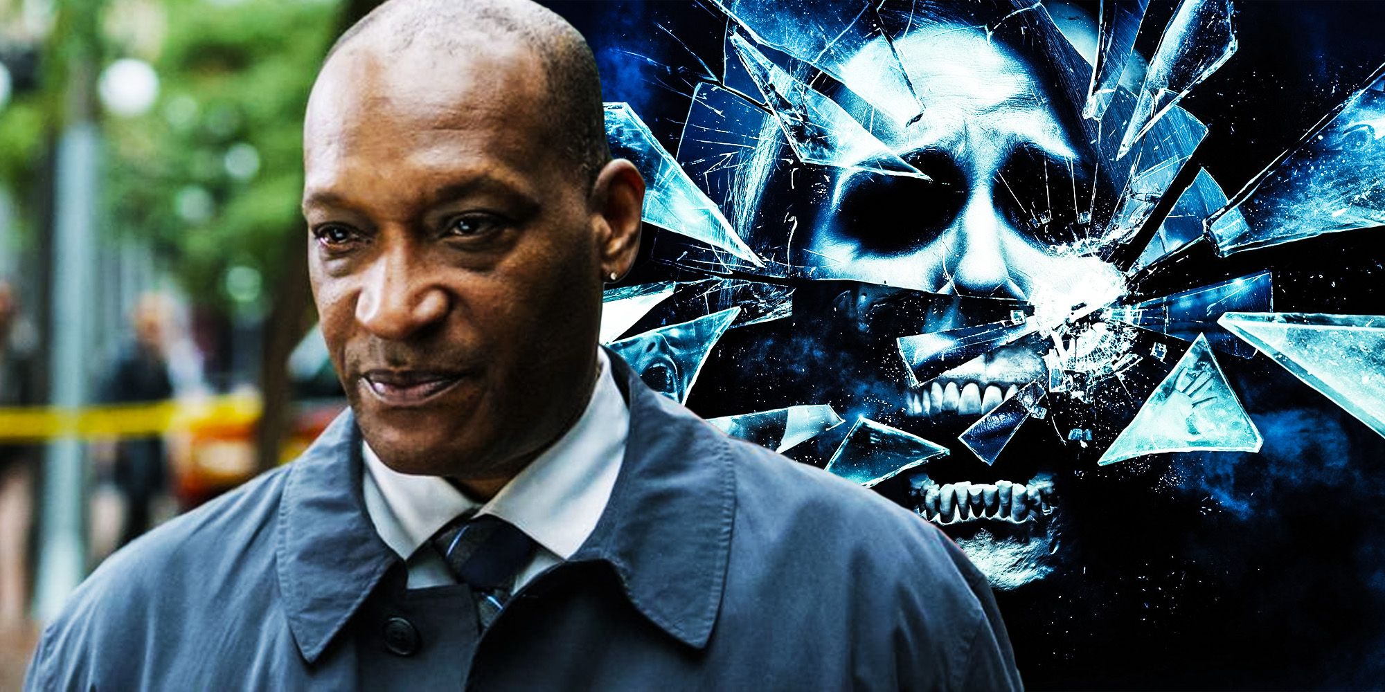 A blended image features Tony Todd in front of a skull through splintering glass