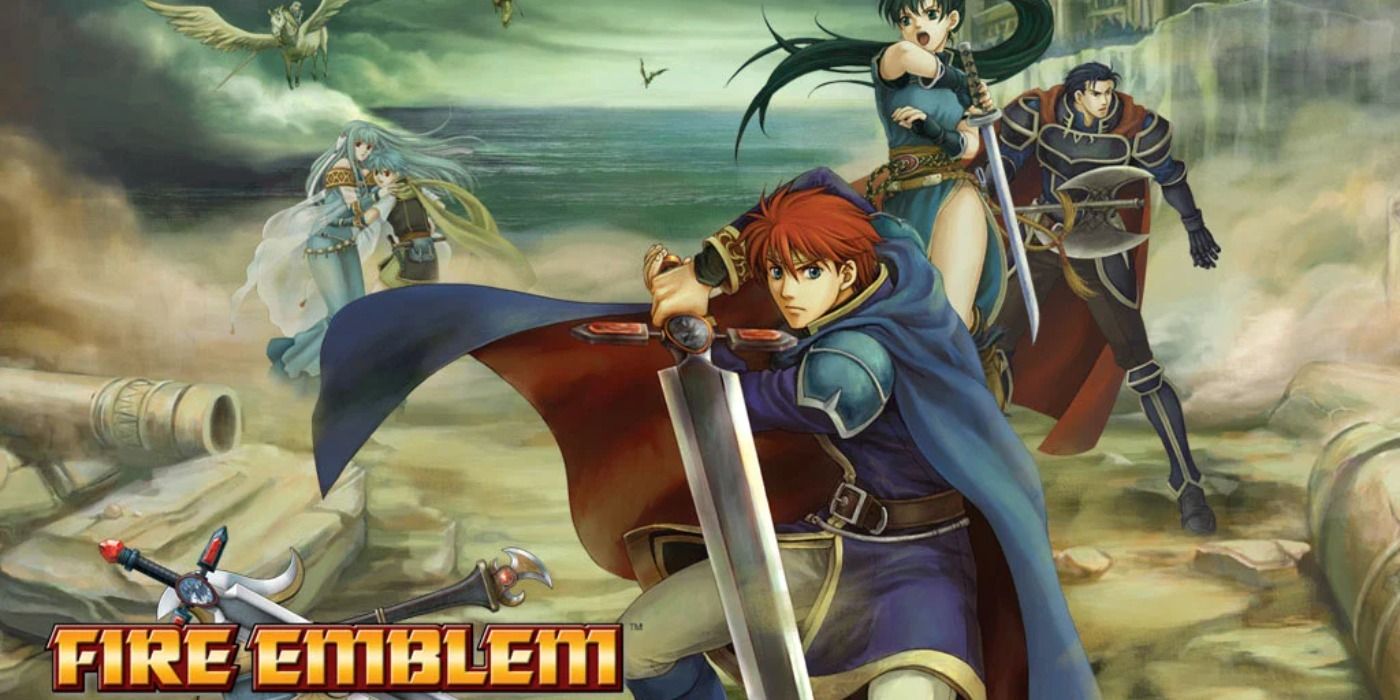 The main cast of Fire Emblem: The Blazing Blade in the heat of battle in promo art.